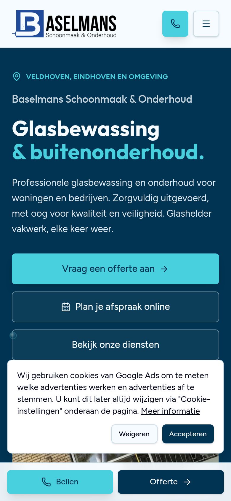 Website van Baselmans Schoonmaak & Onderhoud op mobiel